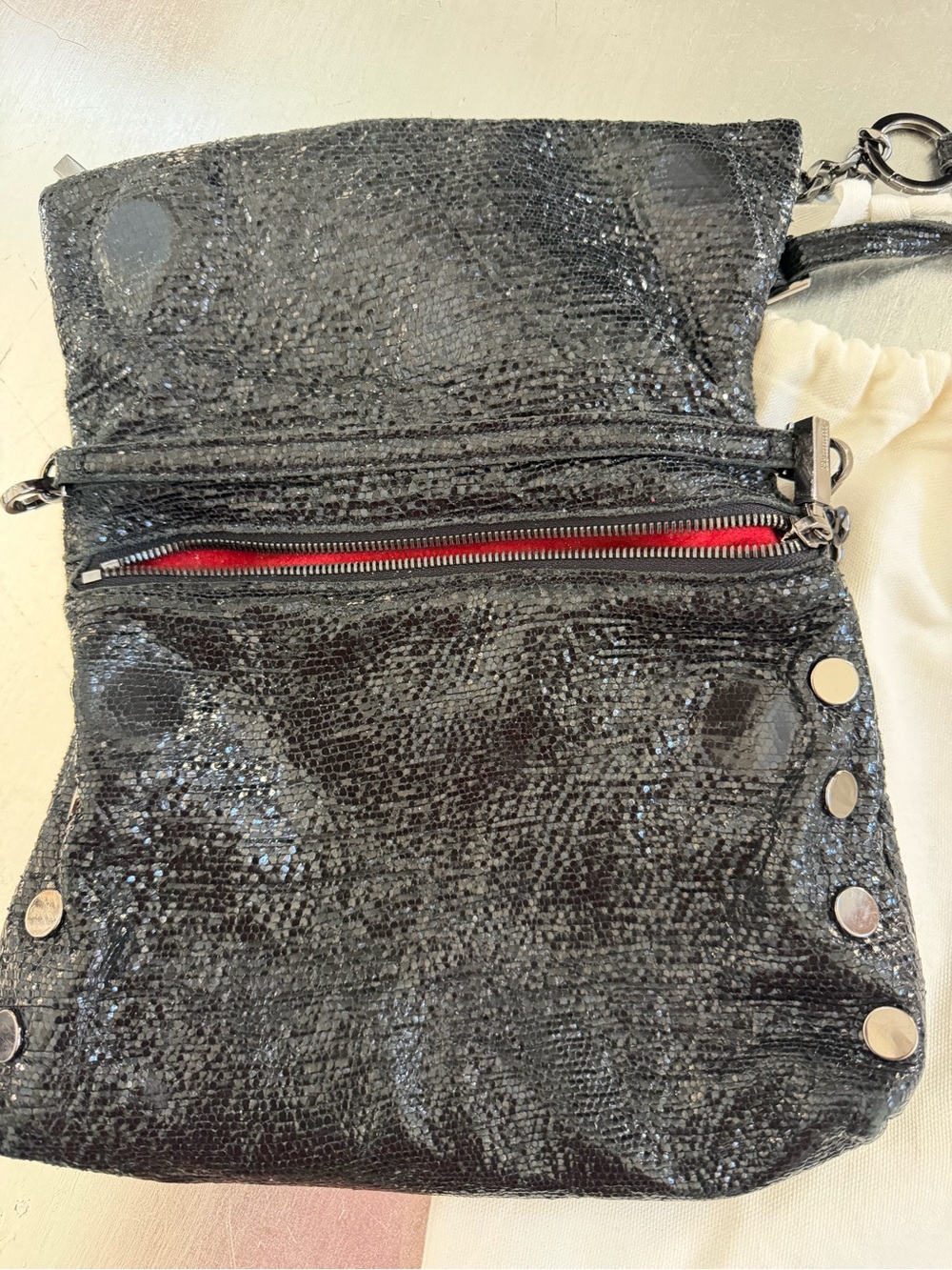 Hammitt Black Sequin Chain Crossbody Bag w/ Gunmetal Hardware Red Suede interior - Picture 5 of 8